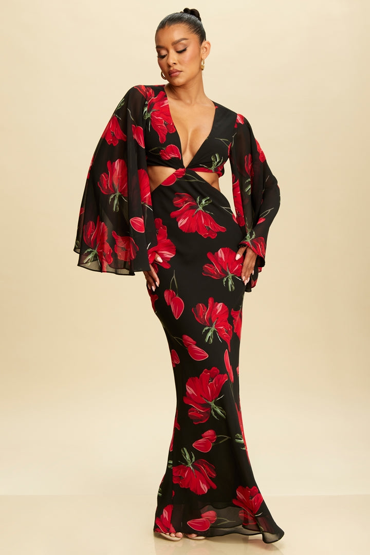Red Floral Flutter Sleeves Maxi Dress Large Red Floral Flutter Sleeves Maxi Dress Large