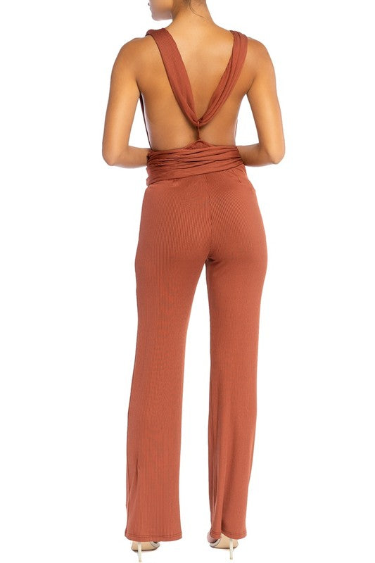 Sexy Rust Halter Self-Tie Jumpsuit