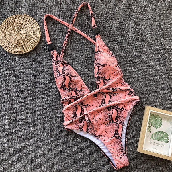 Peach Snake Print Halter One Piece