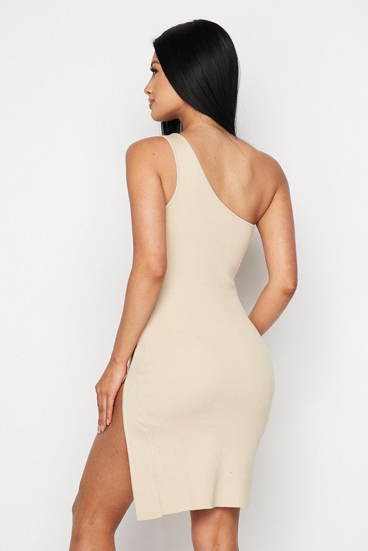 Taupe Sleeveless One Shoulder Dress