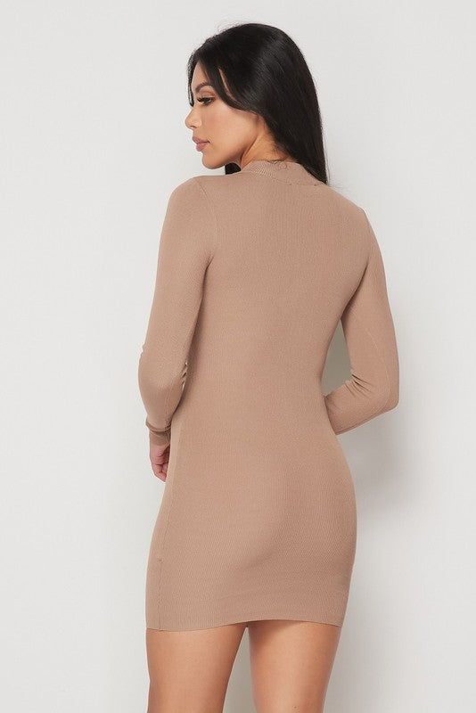 Mocha Ribbed Long Sleeves Corset Lace Up Dress