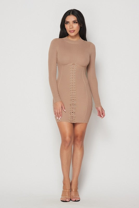 Mocha Ribbed Long Sleeves Corset Lace Up Dress