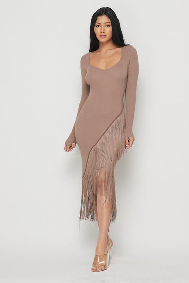 Mocha Asymmetrical Fringe Midi Dress