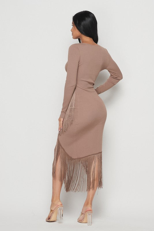 Mocha Asymmetrical Fringe Midi Dress