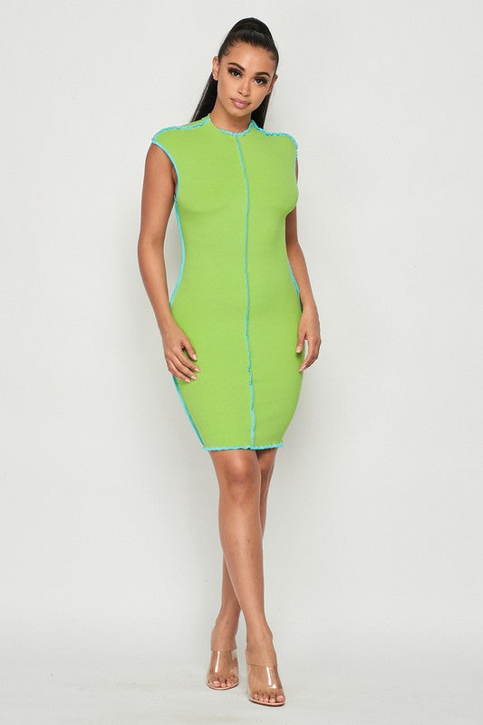 Green Ribbed Dress With Stitch Detailing Green Ribbed Dress With Stitch Detailing