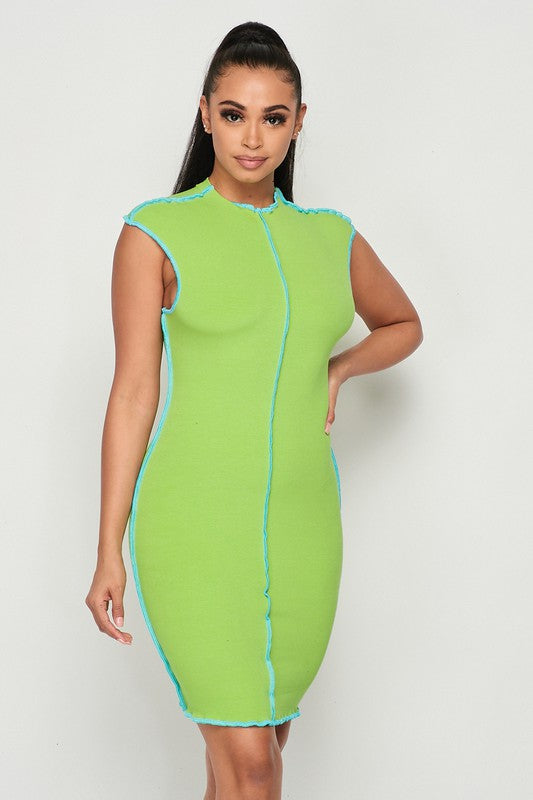 Green Ribbed Dress With Stitch Detailing