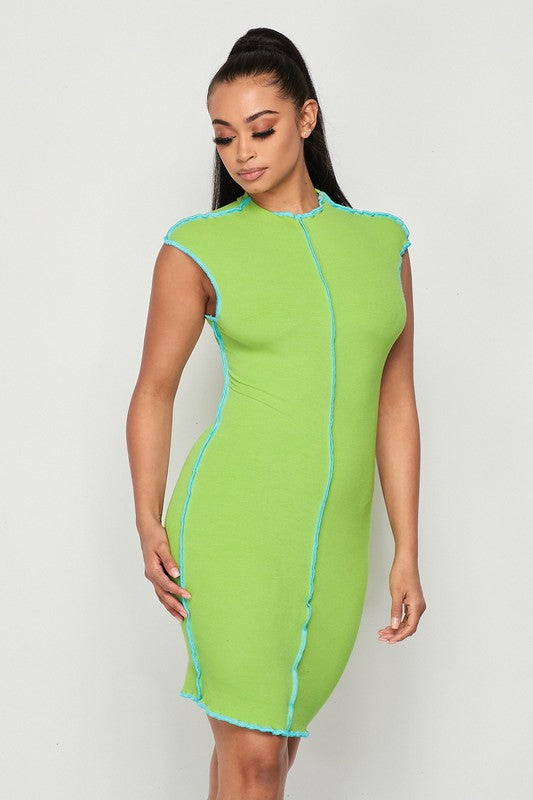 Green Ribbed Dress With Stitch Detailing