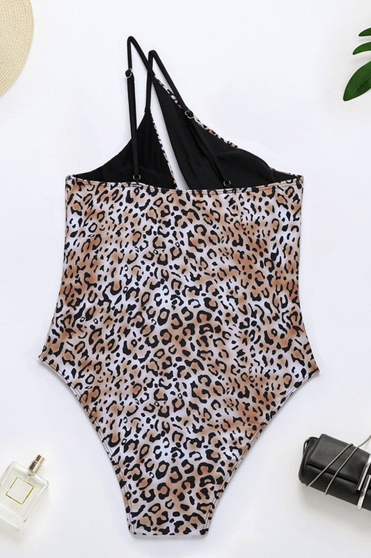 Cheetah Print One Shoulder One Piece