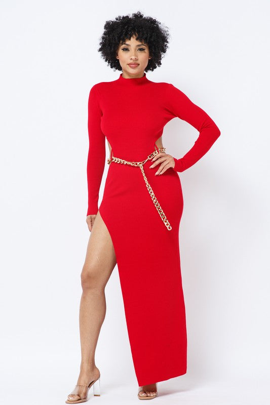 Red Midi Dress With Chain Belt