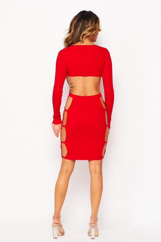 Red Side Open Long Sleeve Dress