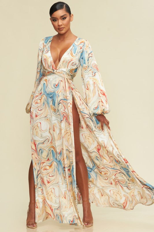 marble maxi dress Karen Millen Marble Print Mesh Plunge Strappy Detail Maxi Dress in Mono