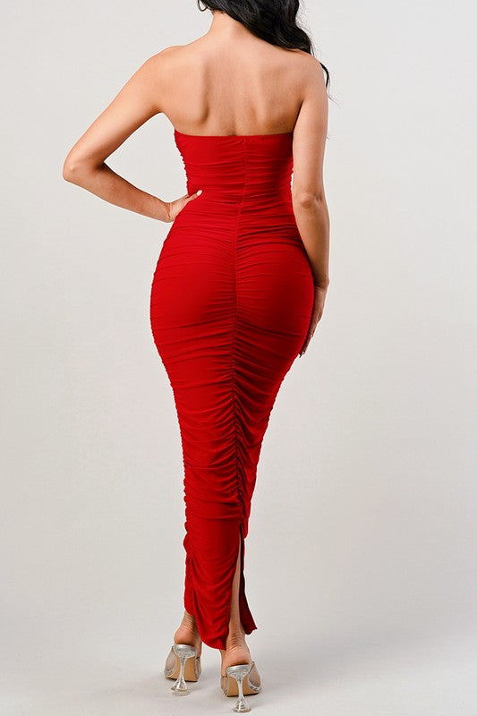 Red Strapless Ruched Dress