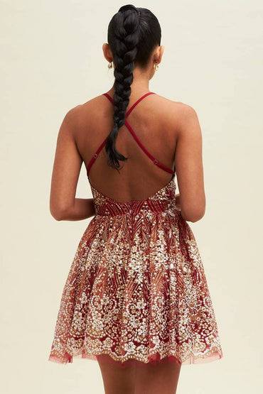 Wine Glitter Floral Puff Mini Dress