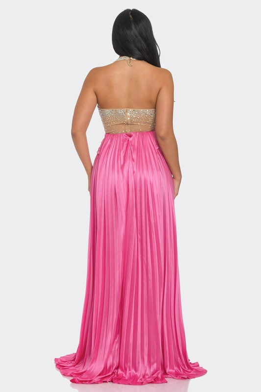 Pink Rhinestone Pleated Maxi Dress