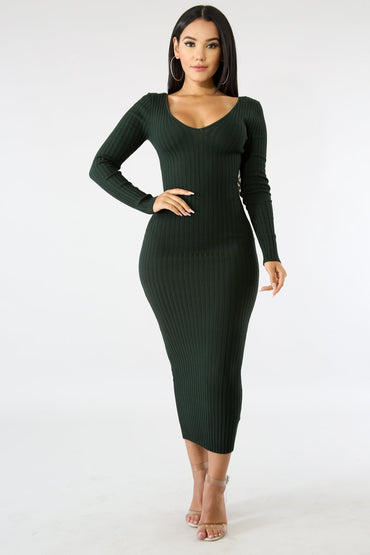 Forest Green Ribbed Off-Shoulder Dress