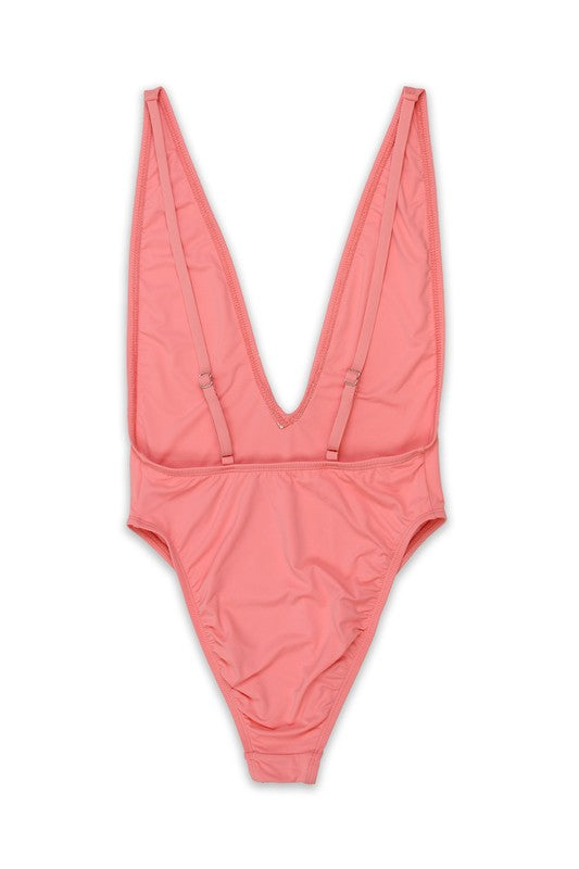 High Cut Low V-Neck One Piece Swimsuit - Coral