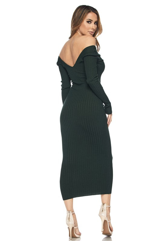 Forest Green Ribbed Off-Shoulder Dress