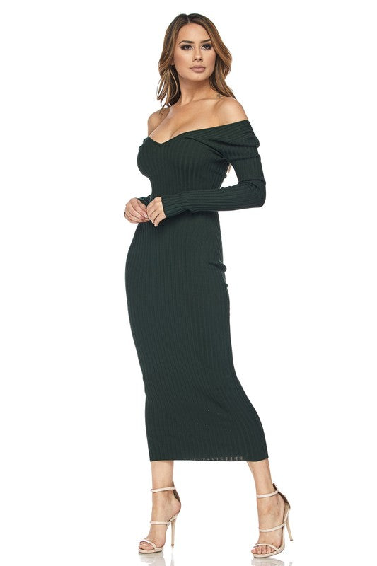 Forest Green Ribbed Off-Shoulder Dress