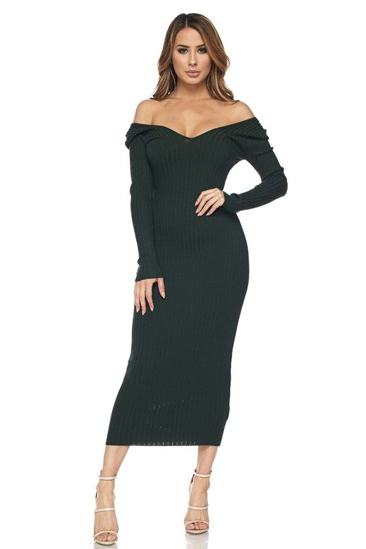 Forest Green Ribbed Off-Shoulder Dress