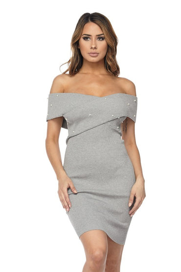 Heather Grey Pearl Embellished Knit Dress
