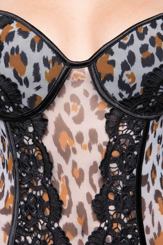 Leopard Lace Detail Bustier Bodysuit