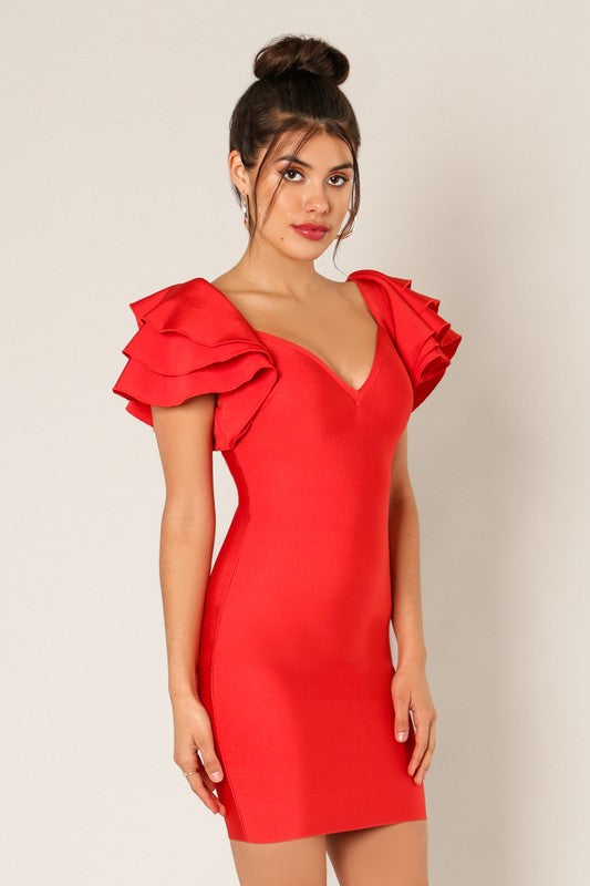 Tiered Ruffle Sleeves Bandage Dress