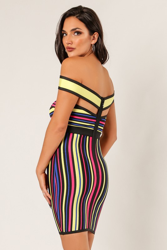 Off Shoulder Multi Color Bandage Dress