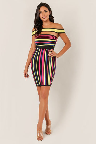Off Shoulder Multi Color Bandage Dress
