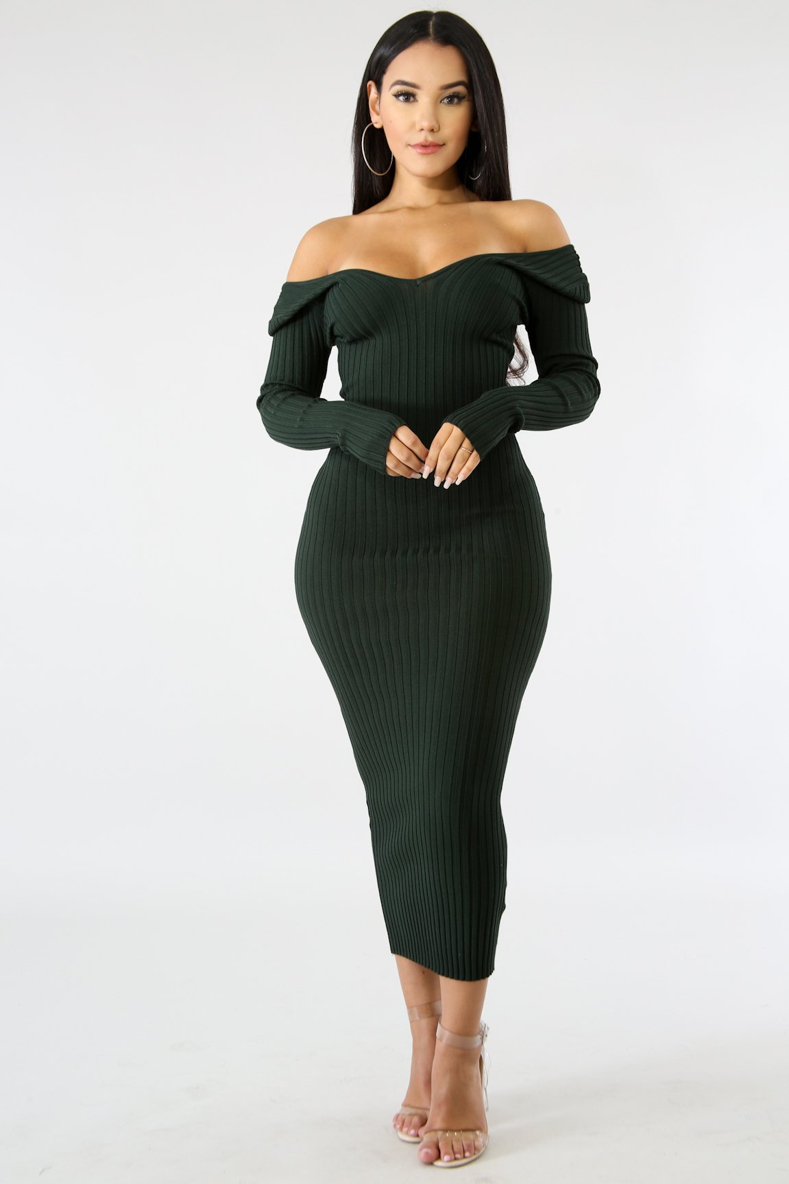 Forest Green Ribbed Off-Shoulder Dress