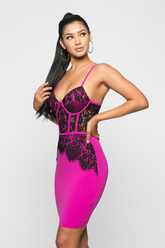 Fuchsia Scalloped Lace Bustier Dress