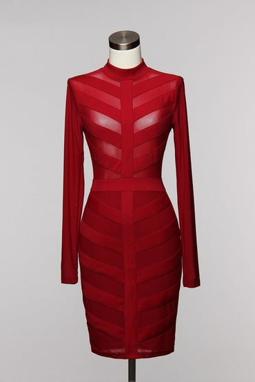 Burgundy Chevron Mesh Contrast Dress