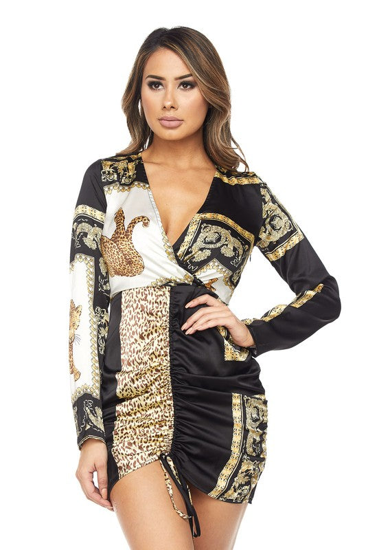 Gold Long Sleeve Graphic Print Dress