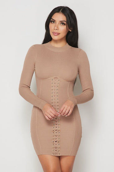 Mocha Ribbed Long Sleeves Corset Lace Up Dress