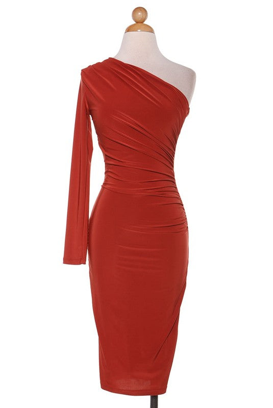 Rust One Shoulder Midi Dress