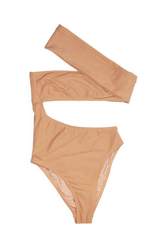Nude Ribbed One Shoulder One Piece