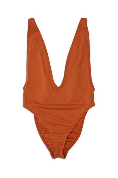High Cut Low V-Neck One Piece Swimsuit - Rust