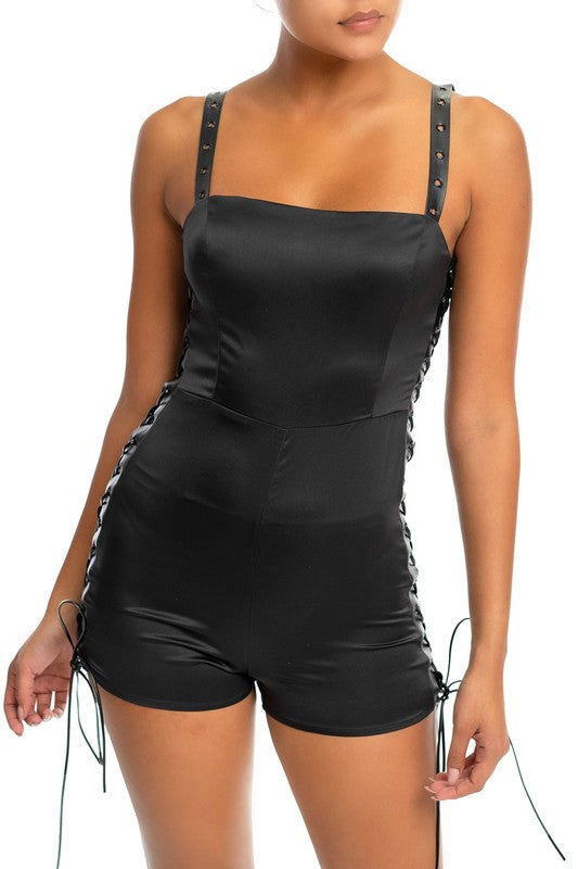 Black Satin Side Lace Up Romper