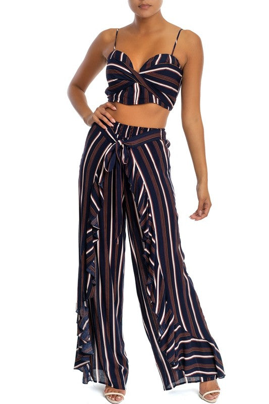 Navy Stripe Ruffle Pant Set