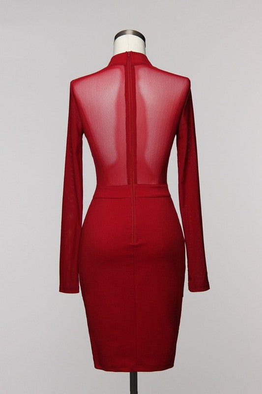 Burgundy Chevron Mesh Contrast Dress