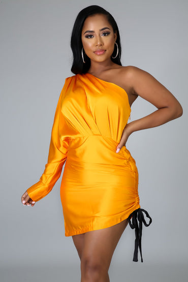Orange One Shoulder Satin Scrunch Dress