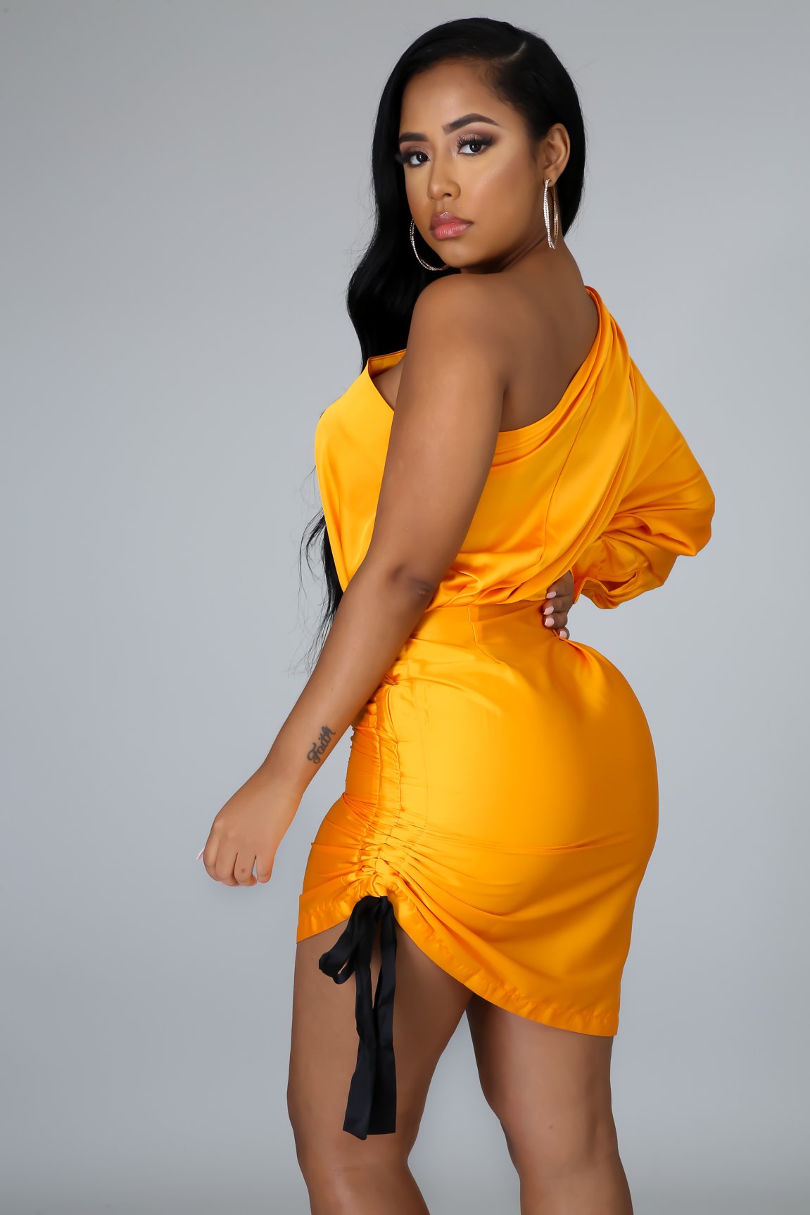 Orange One Shoulder Satin Scrunch Dress