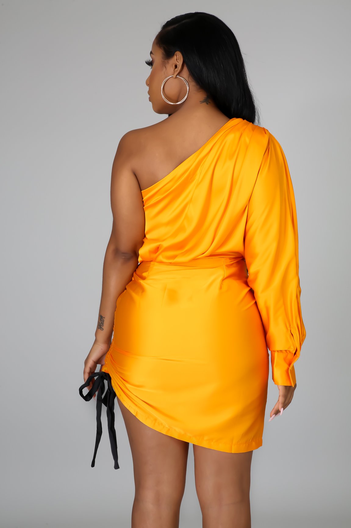 Orange One Shoulder Satin Scrunch Dress