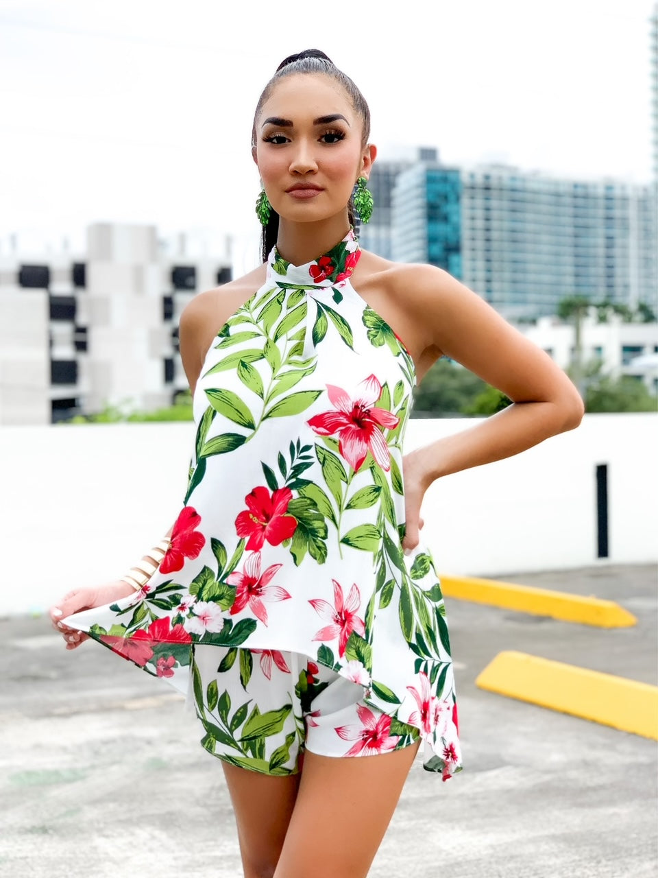 White Floral Shorts Set