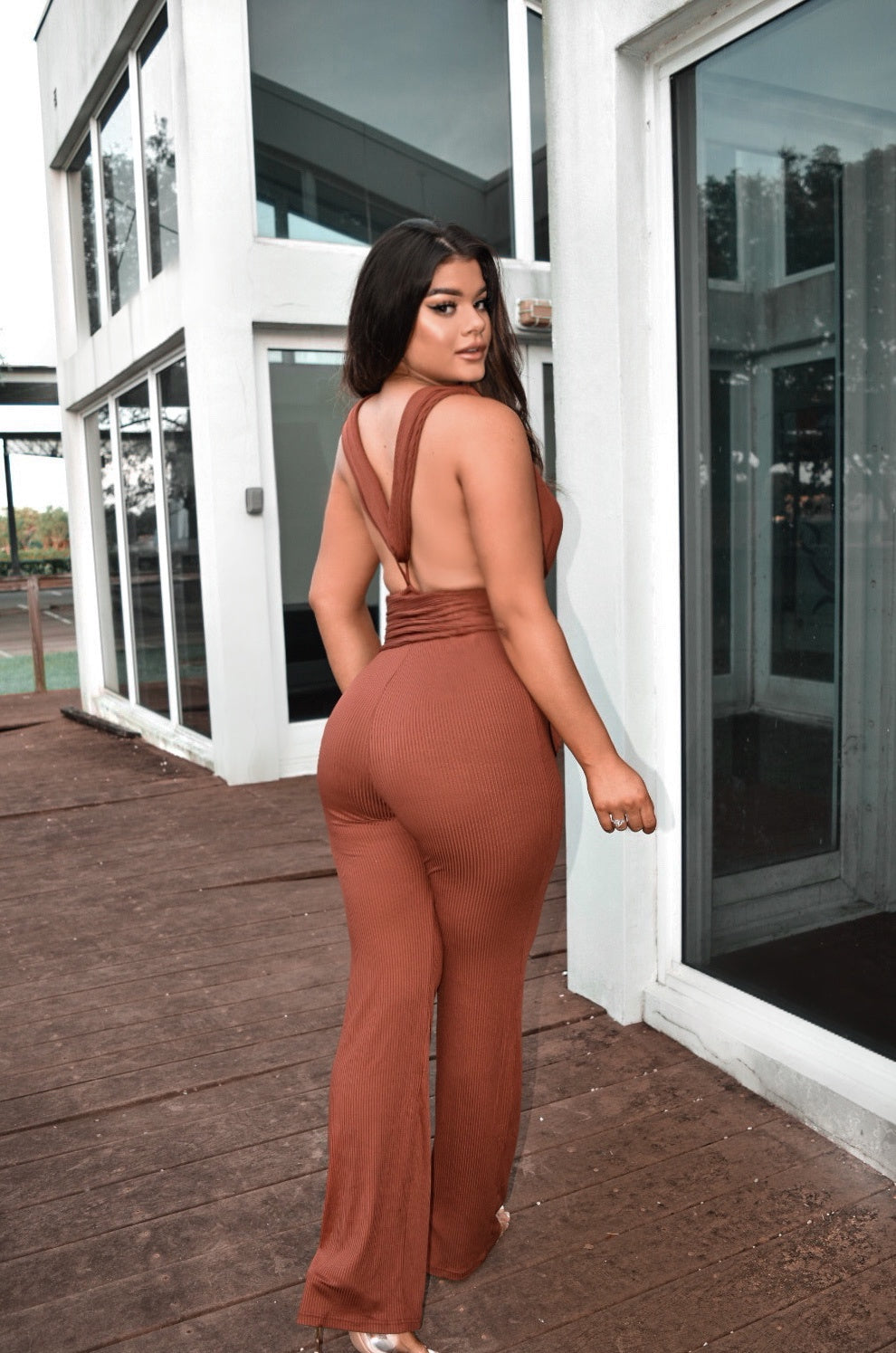 Sexy Rust Halter Self-Tie Jumpsuit