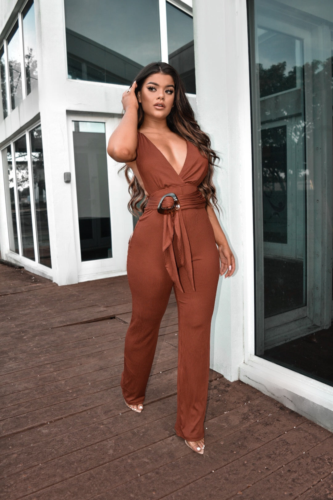 Sexy Rust Halter Self-Tie Jumpsuit