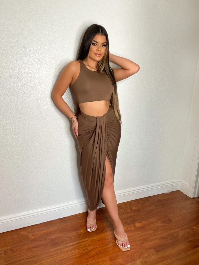 Brown Two Piece Skirt Set