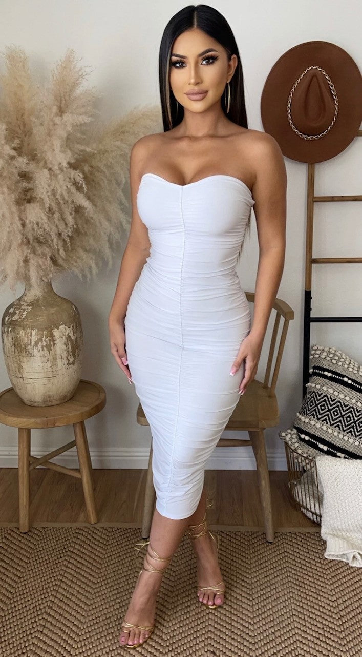 White Strapless Ruched Midi Dress White Strapless Ruched Midi Dress