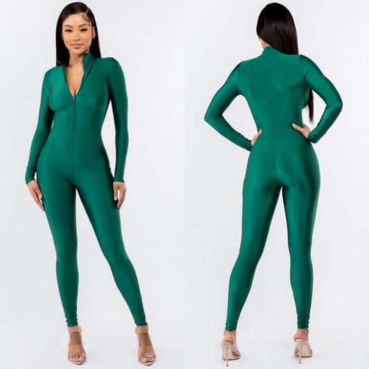 Front Zipper Mock Shiny Jumpsuit