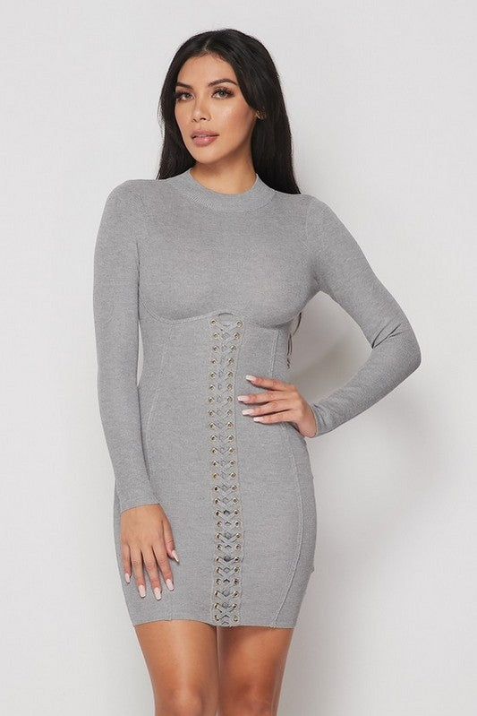 Gray Ribbed Long Sleeves Corset Lace Up Dress