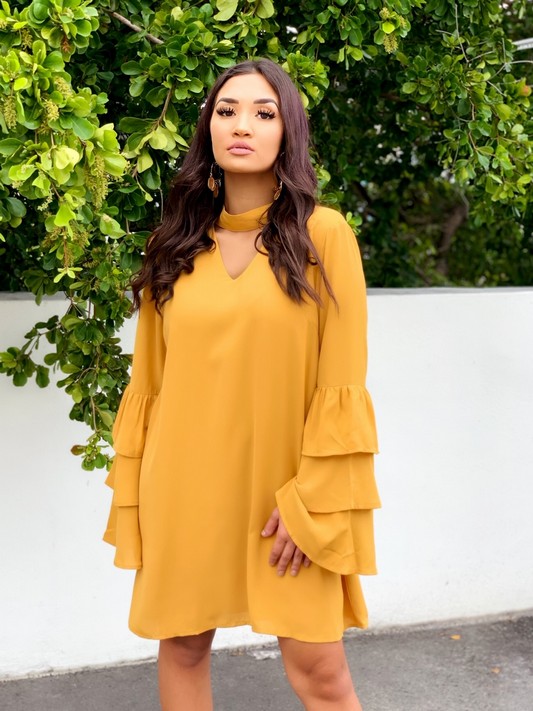 Mustard Bell Sleeve Woven Dress